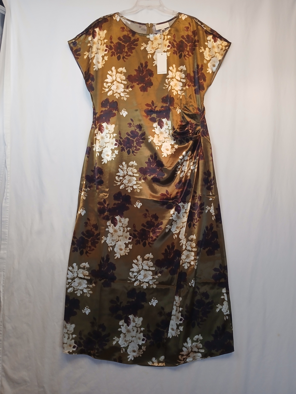Olive Green Luxe Satin Floral Print Side Gathered Flowy Dress XL New!